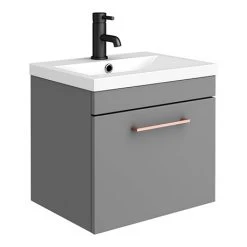 Arezzo 500 Matt Grey Wall Hung 1-Drawer Vanity Unit with Rose Gold Handle - Modern Bathroom Storage