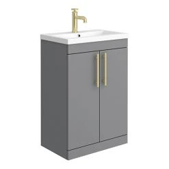 Arezzo Matt Grey 600mm Freestanding Vanity Unit with Brushed Brass Handles