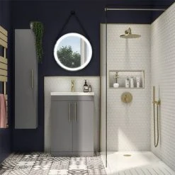 Arezzo Matt Grey 600mm Freestanding Vanity Unit with Brushed Brass Handles -Vanity Units Shop AZG6FSVBBIS d3 460
