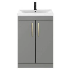 Arezzo 600 Matt Grey Floor Standing Vanity Unit with Brushed Brass Handles - Modern Freestanding Bathroom Storage -Vanity Units Shop AZG6FSVBB d3 460