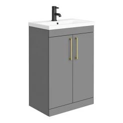 Arezzo 600 Matt Grey Floor Standing Vanity Unit with Brushed Brass Handles - Modern Freestanding Bathroom Storage