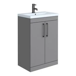 Arezzo 600 Matt Grey Floor Standing Vanity Unit with Matt Blue Basin & Black Handles | Freestanding Bathroom Vanity