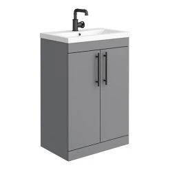 Arezzo Matt Grey 600mm Freestanding Vanity Unit with Industrial Black Handles