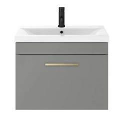 Arezzo 600 Matt Grey Wall Hung 1-Drawer Vanity Unit with Brushed Brass Handle - Modern Bathroom Storage -Vanity Units Shop AZG6WHVBB d4 460