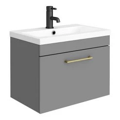 Arezzo 600 Matt Grey Wall Hung 1-Drawer Vanity Unit with Brushed Brass Handle - Modern Bathroom Storage