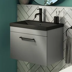 Arezzo 600 Matt Grey Wall Hung Vanity Unit with Matt Black Basin & Black Handle