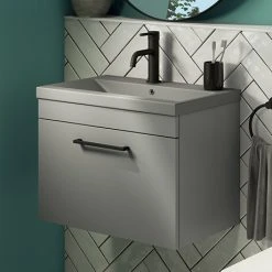 Arezzo 600 Matt Grey Wall Hung Vanity Unit with Matt Grey Basin + Black Handle | Modern Bathroom Storage
