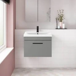 Arezzo 600 Matt Grey Wall Hung 1-Drawer Vanity Unit with Matt Black Handle - Modern Bathroom Storage -Vanity Units Shop AZG6WHVBK d2 460