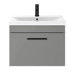 Arezzo 600 Matt Grey Wall Hung 1-Drawer Vanity Unit with Matt Black Handle - Modern Bathroom Storage -Vanity Units Shop AZG6WHVBK d4 460