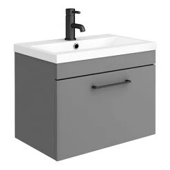 Arezzo 600 Matt Grey Wall Hung 1-Drawer Vanity Unit with Matt Black Handle - Modern Bathroom Storage
