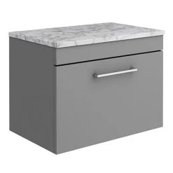 Arezzo 600mm Wall Hung Vanity Unit - Matt Grey with Matt White Marble Worktop & Chrome Handle
