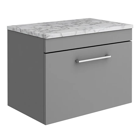 Arezzo 600mm Wall Hung Vanity Unit - Matt Grey with Matt White Marble Worktop & Chrome Handle 1 Arezzo 600mm Wall Hung Vanity Unit - Matt Grey with Matt White Marble Worktop & Chrome Handle
