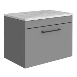 Arezzo Matt Grey Wall Hung Vanity Unit 600mm with Matt White Marble Worktop & Black Handle - Modern Bathroom Design