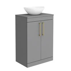 Arezzo 600mm Grey Freestanding Vanity Unit with Brushed Brass Handles & Countertop Basin