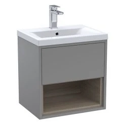 Arezzo Senza 500mm Matt Grey / Vicenza Oak Wall Hung Vanity Unit with Open Shelf & Ceramic Basin