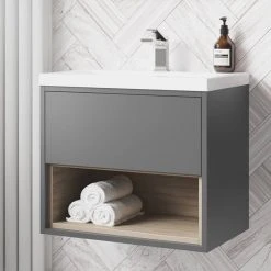 Arezzo Senza 600mm Matt Grey & Vicenza Oak Wall Hung Vanity Unit with Open Shelf and Ceramic Basin