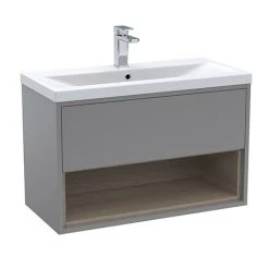 Arezzo Senza 800mm Matt Grey / Vicenza Oak Wall Hung Vanity Unit with Open Shelf & Ceramic Basin