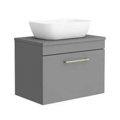 Arezzo Wall Hung Countertop Basin Unit - Grey with Brushed Brass Handle - 600mm inc. Basin