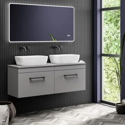 Arezzo Matt Grey Wall Hung Double Countertop Vanity Unit with 2 Basins (1200mm, Matt Black Handles)
