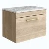 Arezzo Rustic Oak Wall Hung Vanity Unit 600mm - Matt White Marble Worktop & Brass Handle