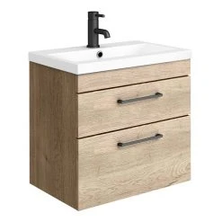 Arezzo 600 Rustic Oak Wall Hung 2-Drawer Vanity Unit with Matt Black Handles - Modern Bathroom Storage