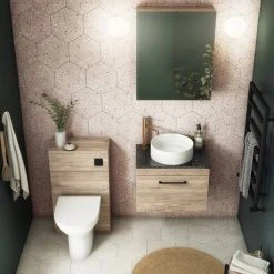 Arezzo 600mm Wall Hung Vanity Unit - Rustic Oak with Black Worktop & Matt Black Handle -Vanity Units Shop AZO6WHWMBB d4 460