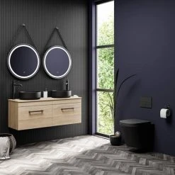 Arezzo Rustic Oak Wall Hung Double Countertop Vanity with 2 Matt Black Basins - 1200mm (Black Handles) -Vanity Units Shop AZOWHMB12RBB d4 460