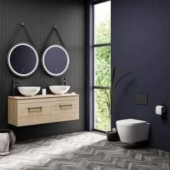 Arezzo Rustic Oak Wall Hung Double Countertop Vanity Unit with 2 Basins - 1200mm, Matt Black Handles -Vanity Units Shop AZOWHMB12RB d6 460