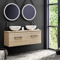 Arezzo Rustic Oak Wall Hung Double Countertop Vanity Unit with 2 Basins - 1200mm, Matt Black Handles