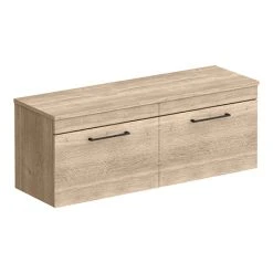 Arezzo Rustic Oak Wall Hung Double Countertop Vanity Unit - 1200mm with Matt Black Handles