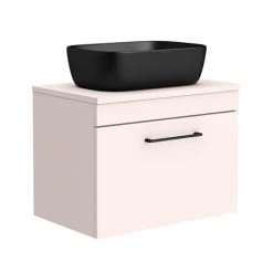 Arezzo 600mm Pink Wall Hung Countertop Basin Unit with Matt Black Handle - Includes Black Basin