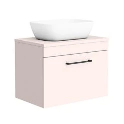 Arezzo Pink Wall Hung Countertop Basin Unit with Matt Black Handle - 600mm inc. White Basin