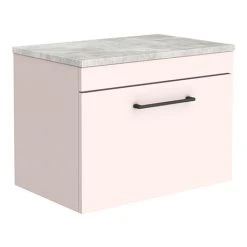Arezzo Wall Hung Countertop Vanity Unit - 600mm, Matt Pink with Grey Worktop & Matt Black Handle