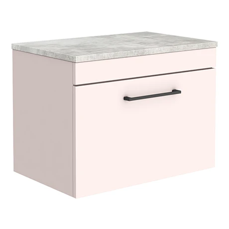 Arezzo Wall Hung Countertop Vanity Unit - 600mm, Matt Pink with Grey Worktop & Matt Black Handle 1 Arezzo Wall Hung Countertop Vanity Unit - 600mm, Matt Pink with Grey Worktop & Matt Black Handle