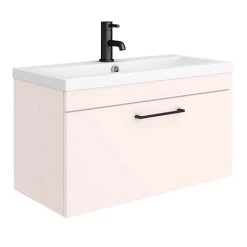Arezzo 800mm Wall Hung Vanity Unit - Matt Pink with Matt Black Handle | Modern Bathroom Furniture