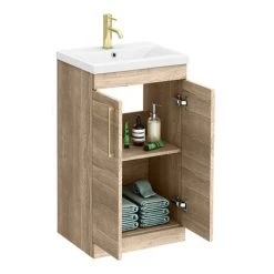 Arezzo Rustic Oak Floor Standing Vanity Unit 500mm with Brushed Brass Handles - Freestanding Bathroom Storage -Vanity Units Shop AZRO5FSVBB d2 460