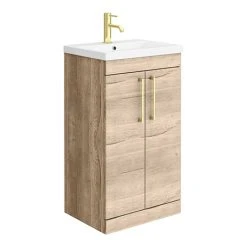 Arezzo Rustic Oak Floor Standing Vanity Unit 500mm with Brushed Brass Handles - Freestanding Bathroom Storage