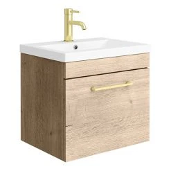 Arezzo Rustic Oak Wall Hung Vanity Unit - 500mm with Brushed Brass Handle