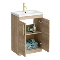 Arezzo Rustic Oak Floor Standing Vanity Unit 600mm with Brushed Brass Handles – Stylish Freestanding Bathroom Storage -Vanity Units Shop AZRO6FSVBB d3 460