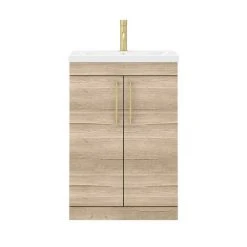 Arezzo Rustic Oak Floor Standing Vanity Unit 600mm with Brushed Brass Handles – Stylish Freestanding Bathroom Storage -Vanity Units Shop AZRO6FSVBB img4 460