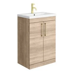 Arezzo Rustic Oak Floor Standing Vanity Unit 600mm with Brushed Brass Handles – Stylish Freestanding Bathroom Storage