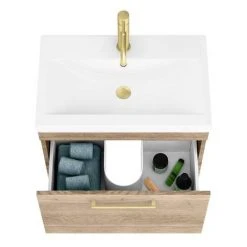 Arezzo Rustic Oak Wall Hung Vanity Unit with Brushed Brass Handle - 600mm -Vanity Units Shop AZRO6WHVBB d3 460