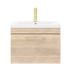 Arezzo Rustic Oak Wall Hung Vanity Unit with Brushed Brass Handle - 600mm -Vanity Units Shop AZRO6WHVBB d4 460