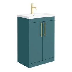 Arezzo Matt Green 600mm Freestanding Vanity Unit with Brushed Brass Handles