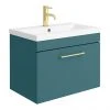 Arezzo Matt Green Wall Hung Vanity Unit - 600mm 1-Drawer with Brushed Brass Handle