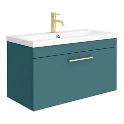 Arezzo Matt Green 800mm Wall Hung Vanity Unit with Brushed Brass Handle