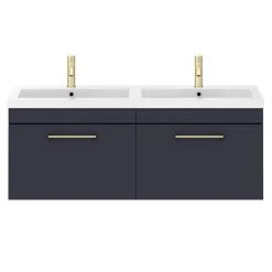 Arezzo Matt Blue Wall Hung Double Basin Vanity Unit with Brushed Brass Handles - 1205mm -Vanity Units Shop AZWH12BBR1D d2 460