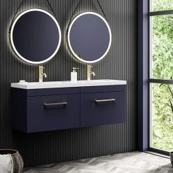 Arezzo Matt Blue Wall Hung Double Basin Vanity Unit with Brushed Brass Handles - 1205mm