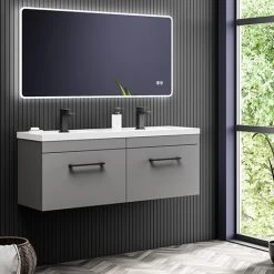 Arezzo Matt Grey Wall Hung Double Basin Vanity Unit with Matt Black Handles - 1205mm