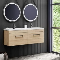 Arezzo Rustic Oak Wall Hung Double Basin Vanity Unit with Matt Black Handles - 1205mm